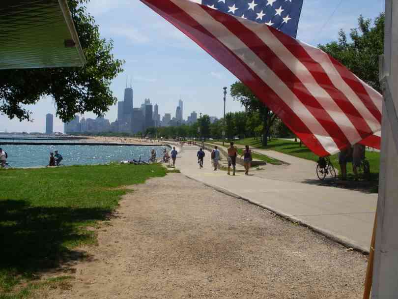 North Avenue Beach Chicago with US flag