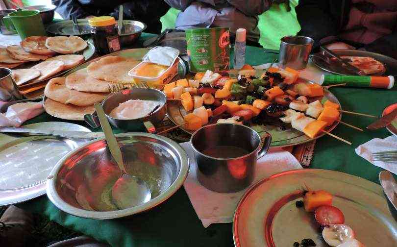 Food platter in tent as part of the Lahres Trek to Machu Picchu