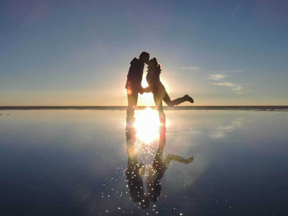 Couple Kissing Shadow Sunset Romantic Salt Flats Bolivia_