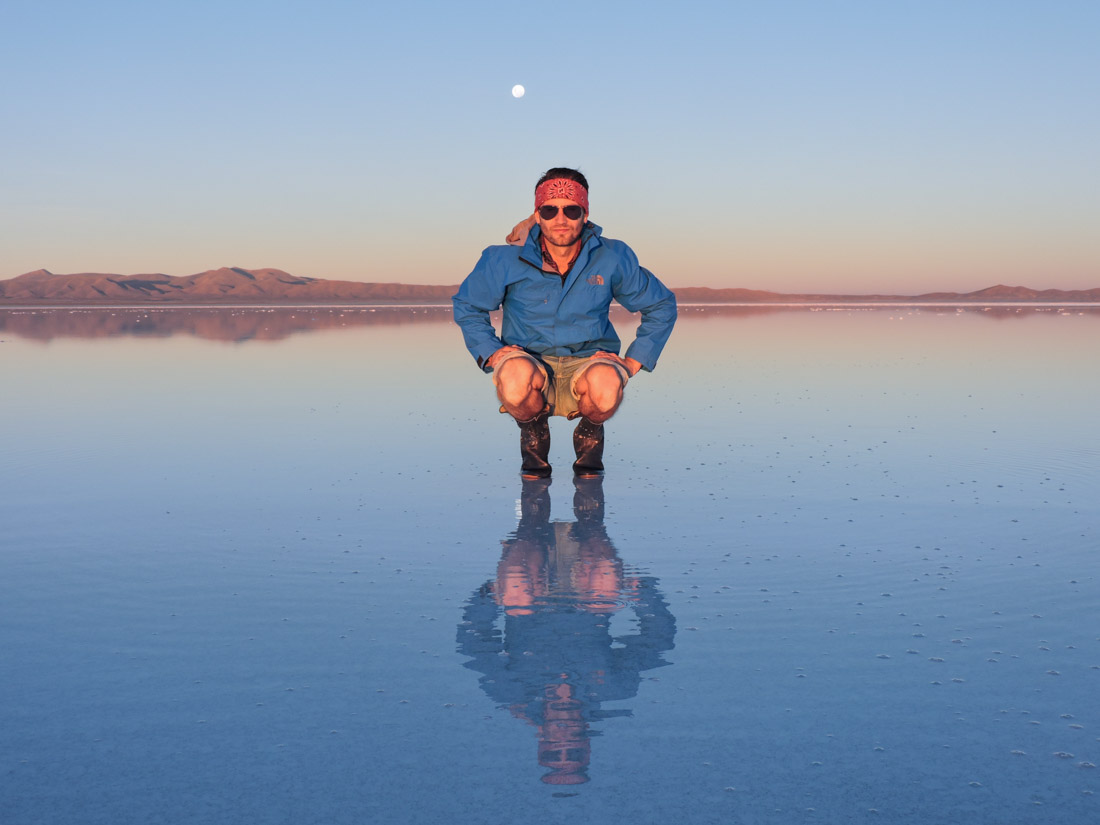 Man in wellies Salt Flats Bolivia packing lists_