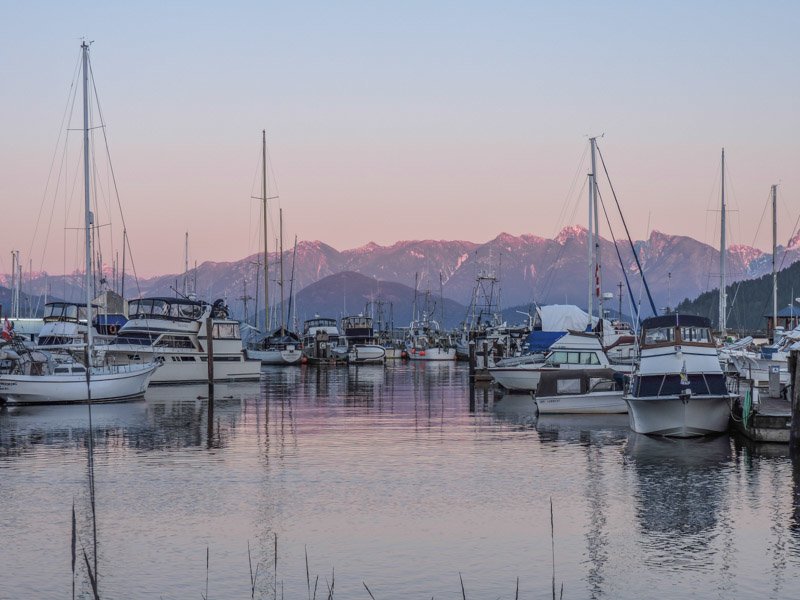 Gibsons Marina at dusk in winter on the Sunshine Coast Canada