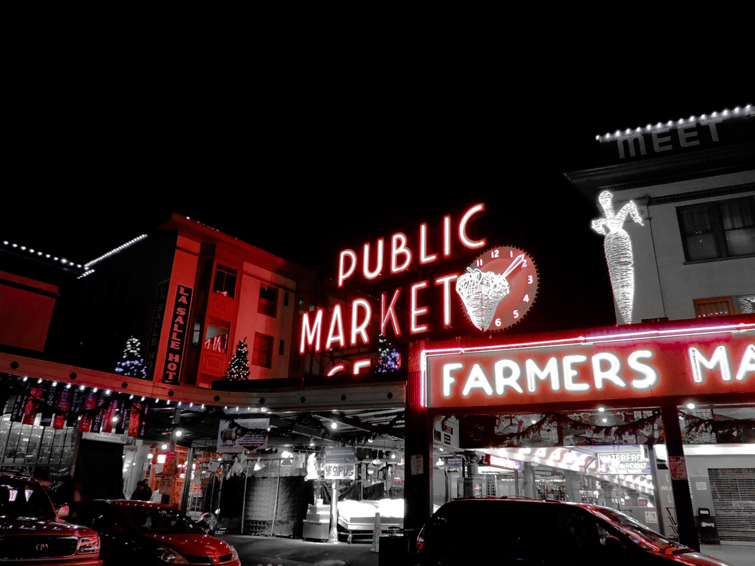 Pike Place Market sign at night