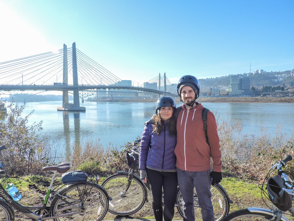 Couple cycling in Portland Oregon