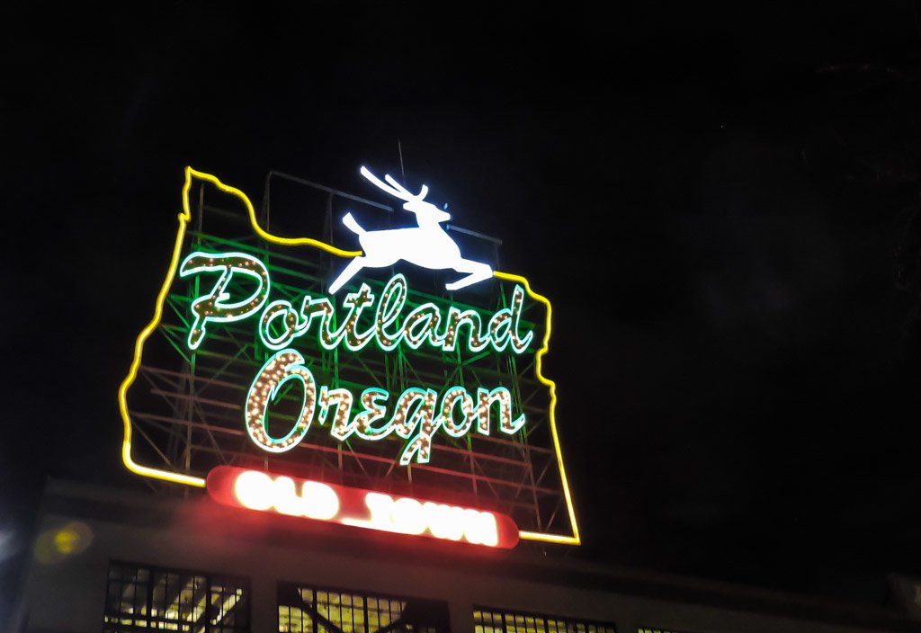 Portland Oregon sign at night