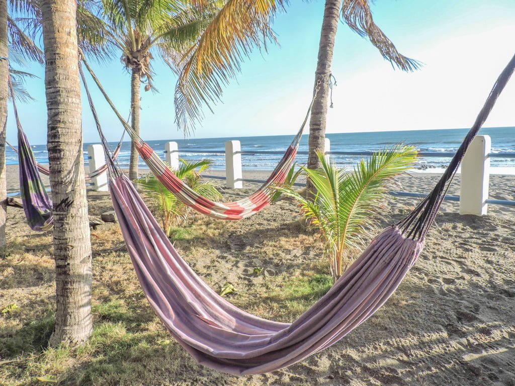 Hammock hanges by beach at Bomalu Hotel Las Penitas, Nicaragua