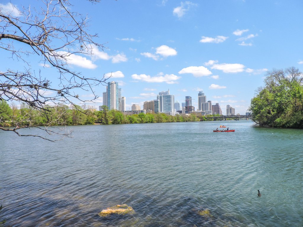 Lou Neff Point, Ladybird Lake, Austin kayaks skyline