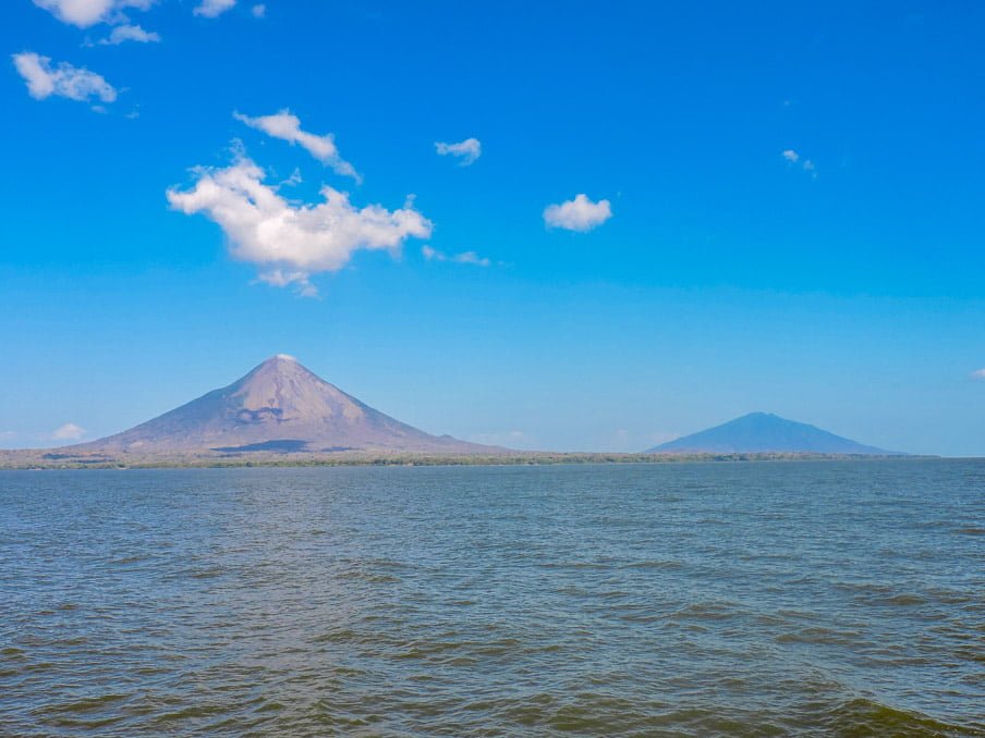 Two volcanoes on Ometepe Nicaragua from boat