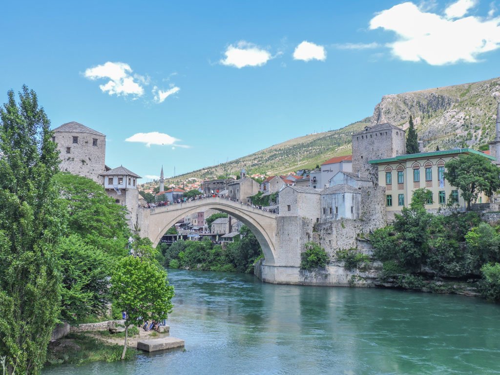 Stari Most bridge over green river in Mostar Bosnia and Herzegovina