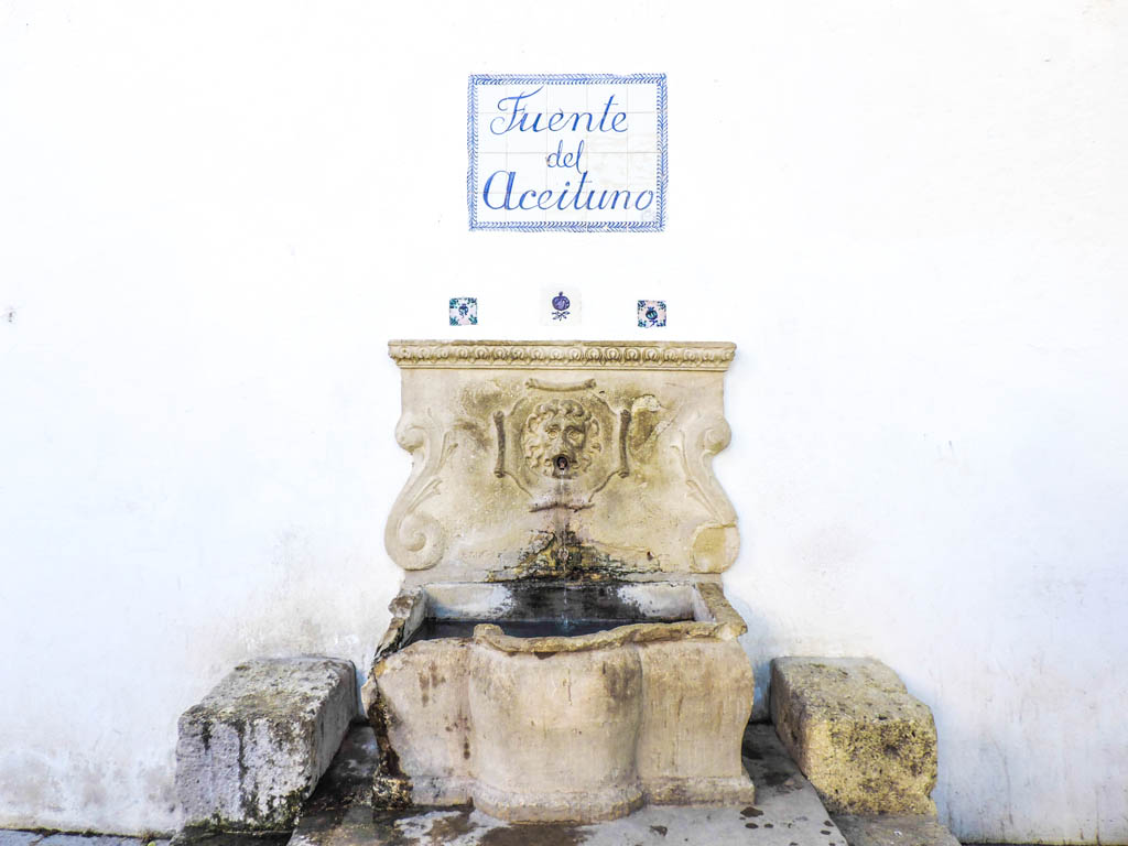 Stone fountain against wall called Fuente del Aceituno Granada I