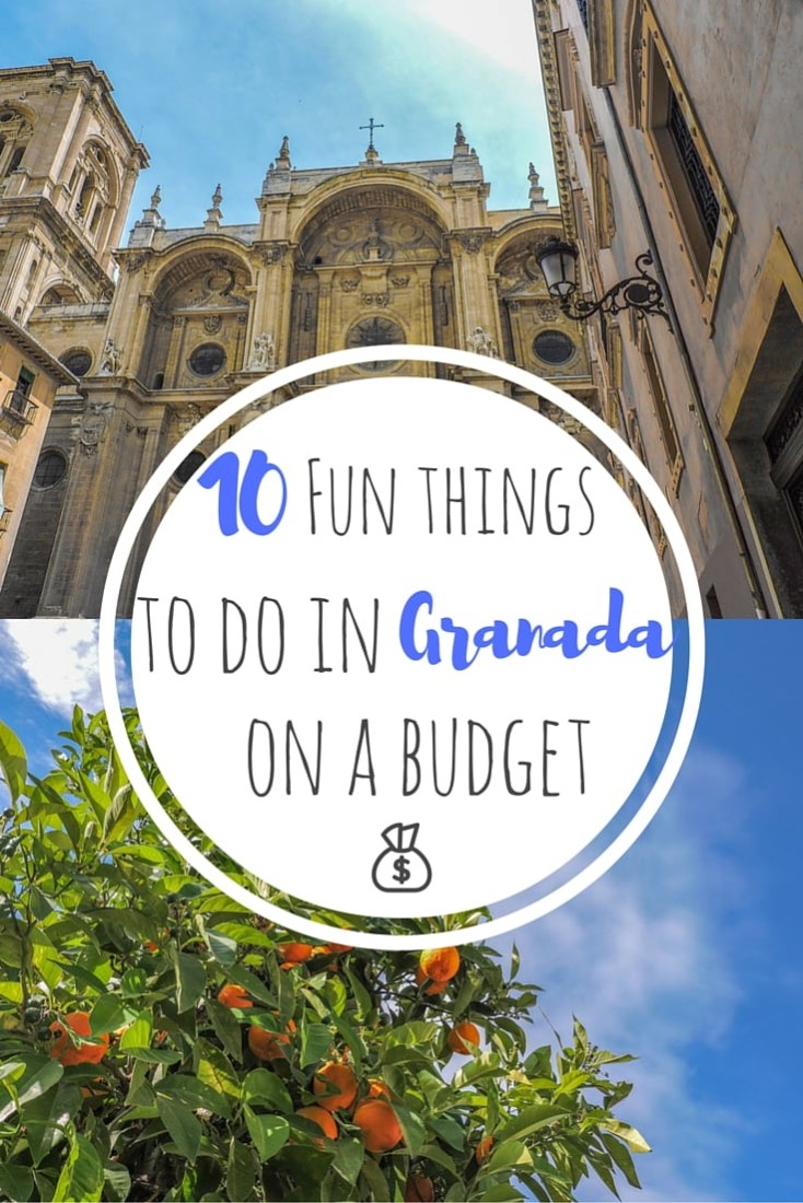 Text Things to do in Granada on a budget. Images Alhambra, orange trees