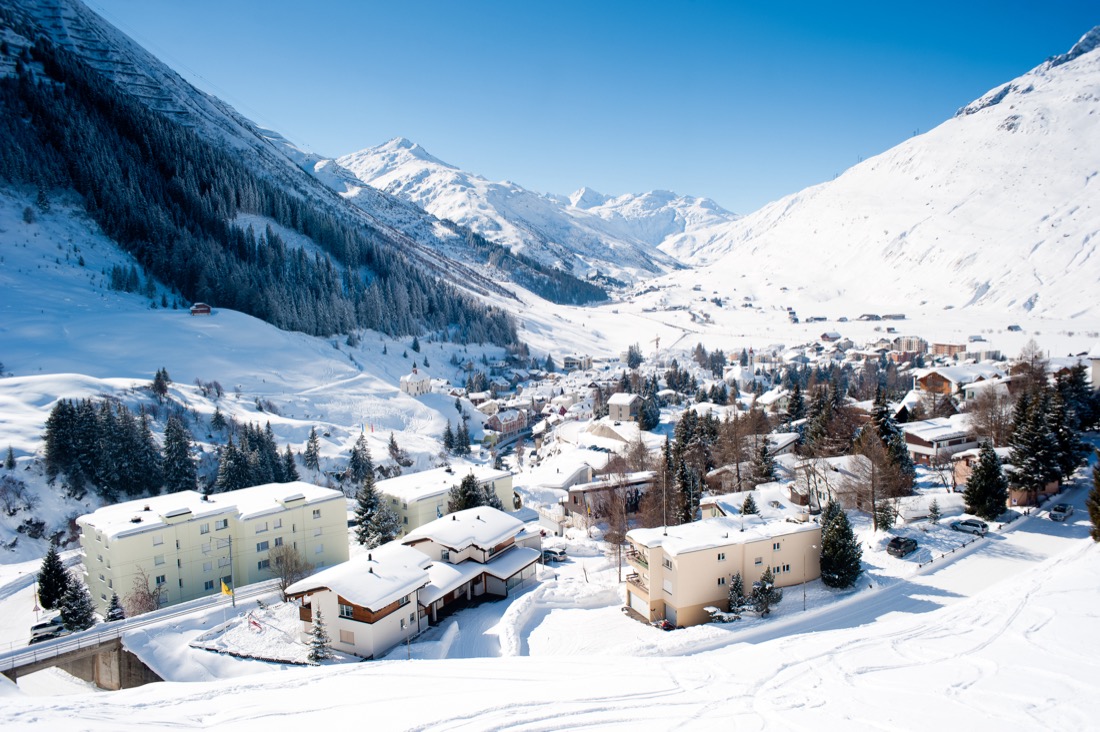 Snowy buildings at Andermatt Swiss Alps 