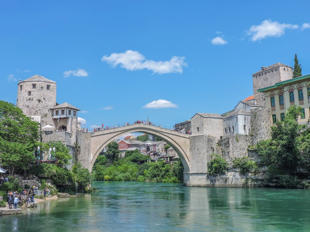 Blue sky and water at Mostar Stari Most Bridge in Bosnia and Herzegovina