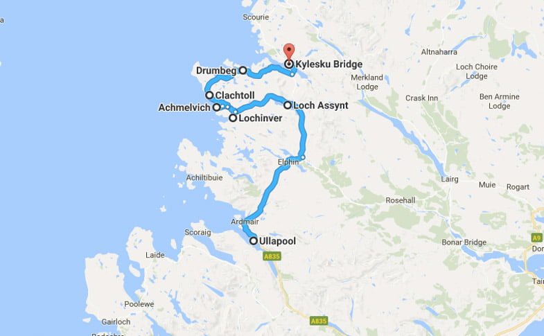 North Coast 500 Itinerary Route Ullapool to Kylesku Bridge