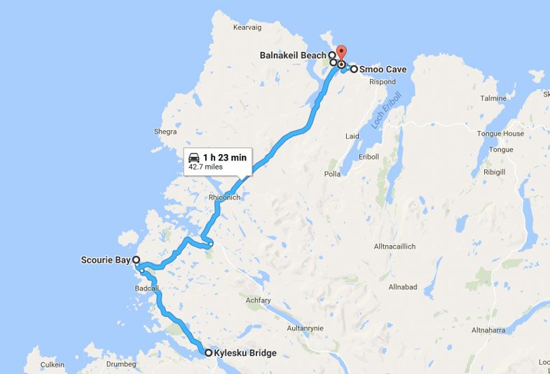 North Coast 500 Itinerary Route on map Kylesku Bridge to Durness