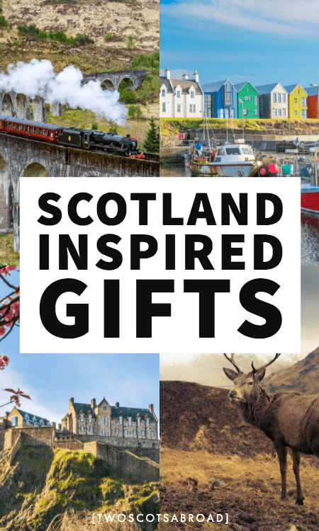 Scotland gifts and Scotland inspired gifts - image of Harry Potter train, John o' Groat colorful houses, Edinburgh Castle, and a deer.