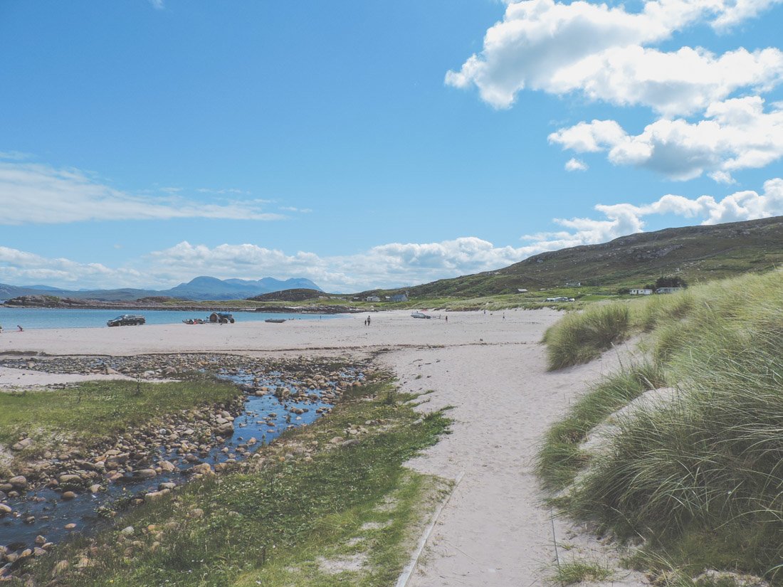 Sandy pathway to Mellon Udrigle Beach on the North Coast 500 of the Scottish Highlands in Scotland