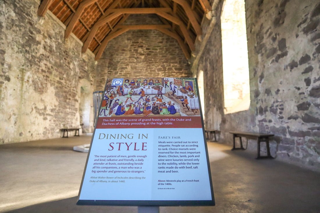 Doune Castle Dining Hall sign in Scotland