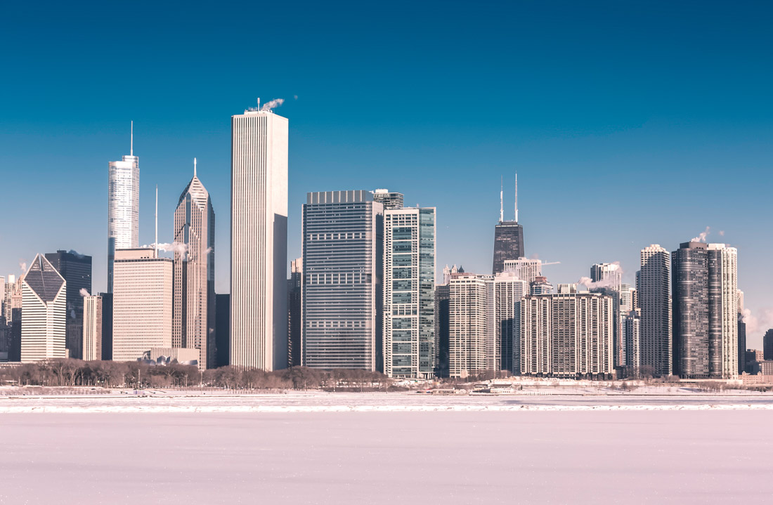 Downtown Chicago winter view with frozen lake