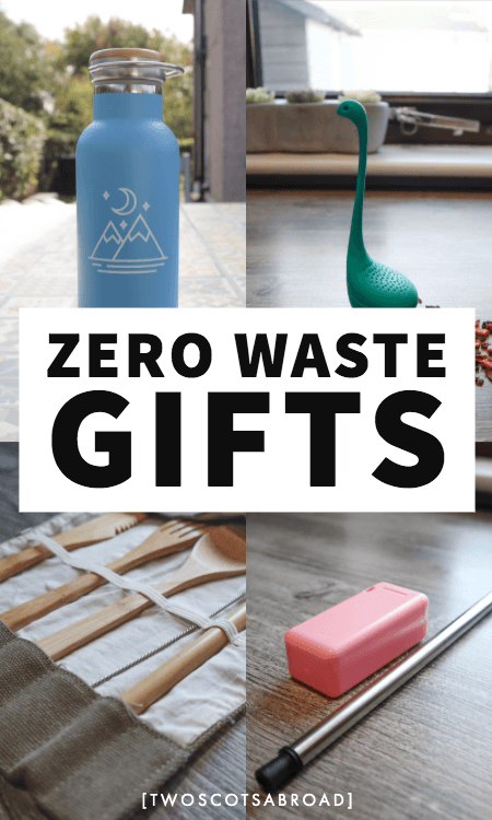 Zero waste gifts for all the family images of travel water bottle, Nessie tea strainer, bamboo cutlery, metal straw
