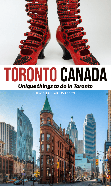 Text Toronto Canada - Unique Things to do in Toronto 

Image of red shoes and narrow red brick building 