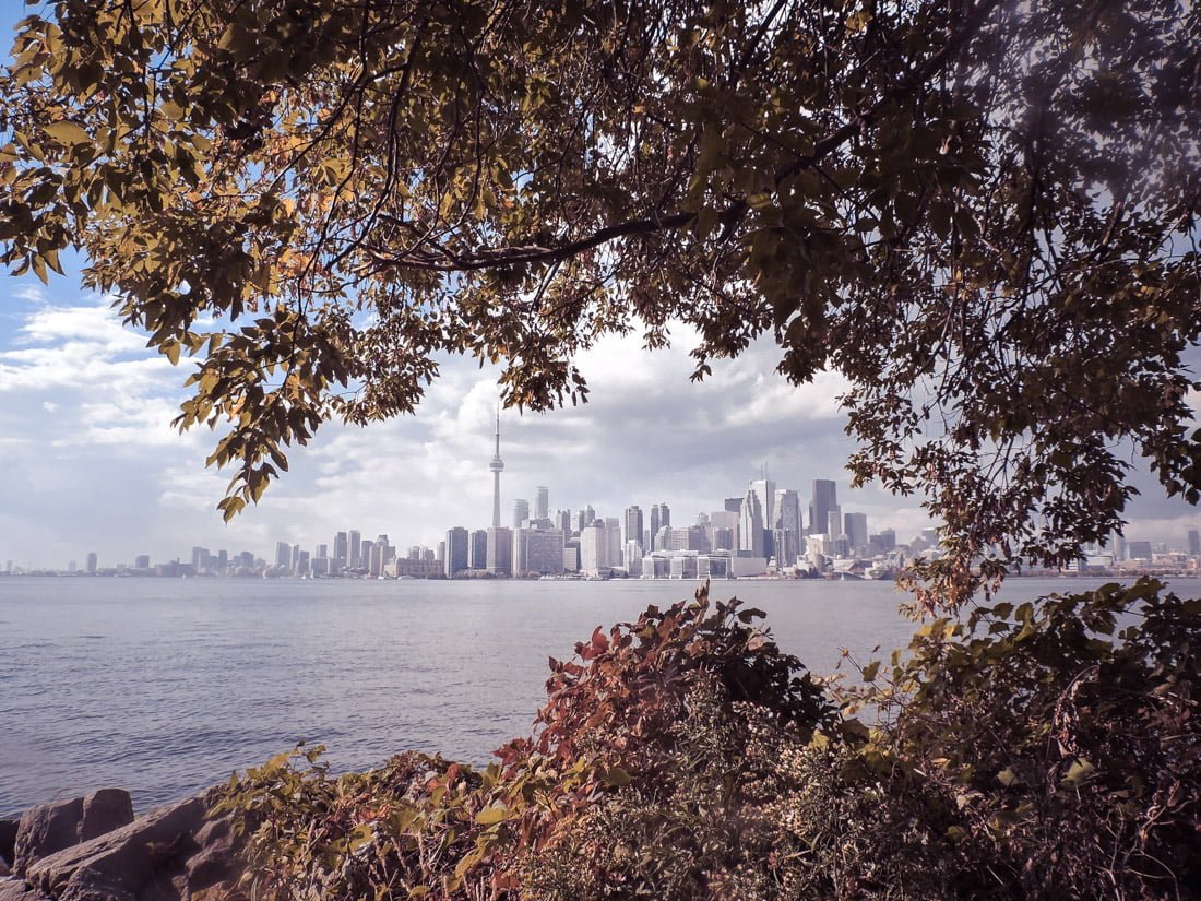 Toronto Island, trees, lake Ontario, Toronto skyline