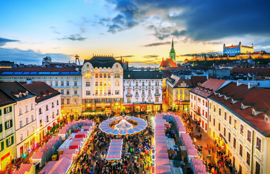 Bratislava main square and Christmas market in historical center of Bratislava city, Slovakia_