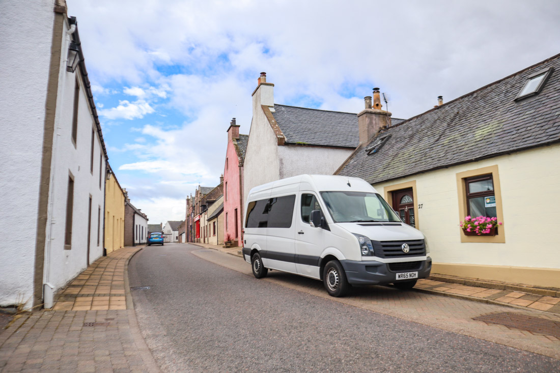 Camper on small road in Fortrose on North Coast 500 in Scotland