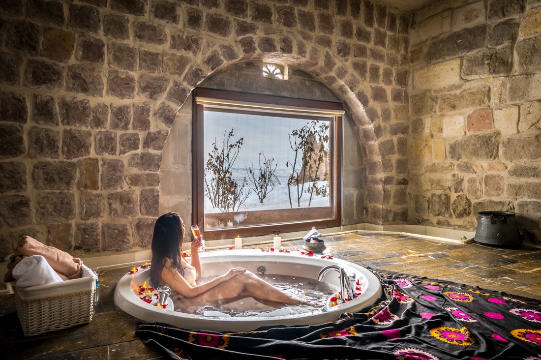 Girl, bath, wine, Museum Cave Hotel Cappadocia