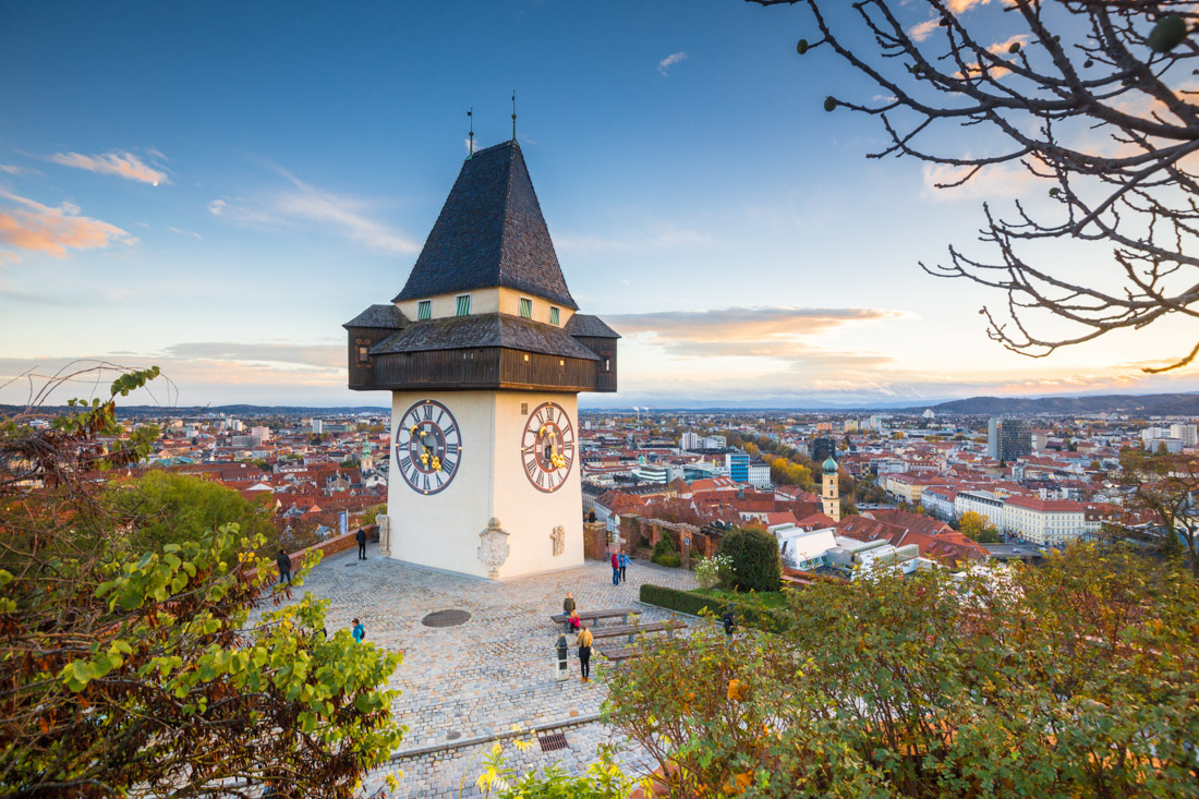 Graz with famous Grazer Uhrturm clock tower