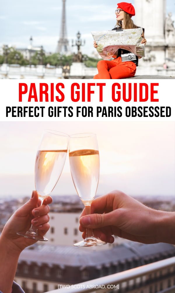Paris gift guide - perfect gifts for Paris obsessed (text) with image of champagne flutes cheersing in Paris