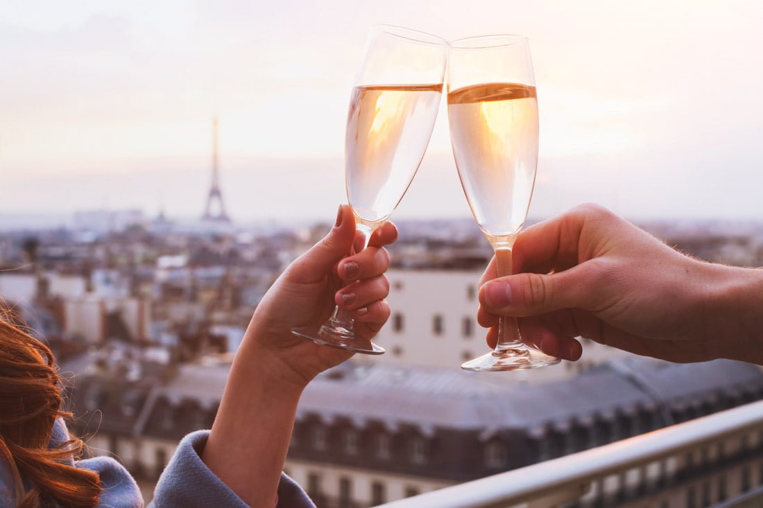 Wine glasses, romantic couple vacation Paris