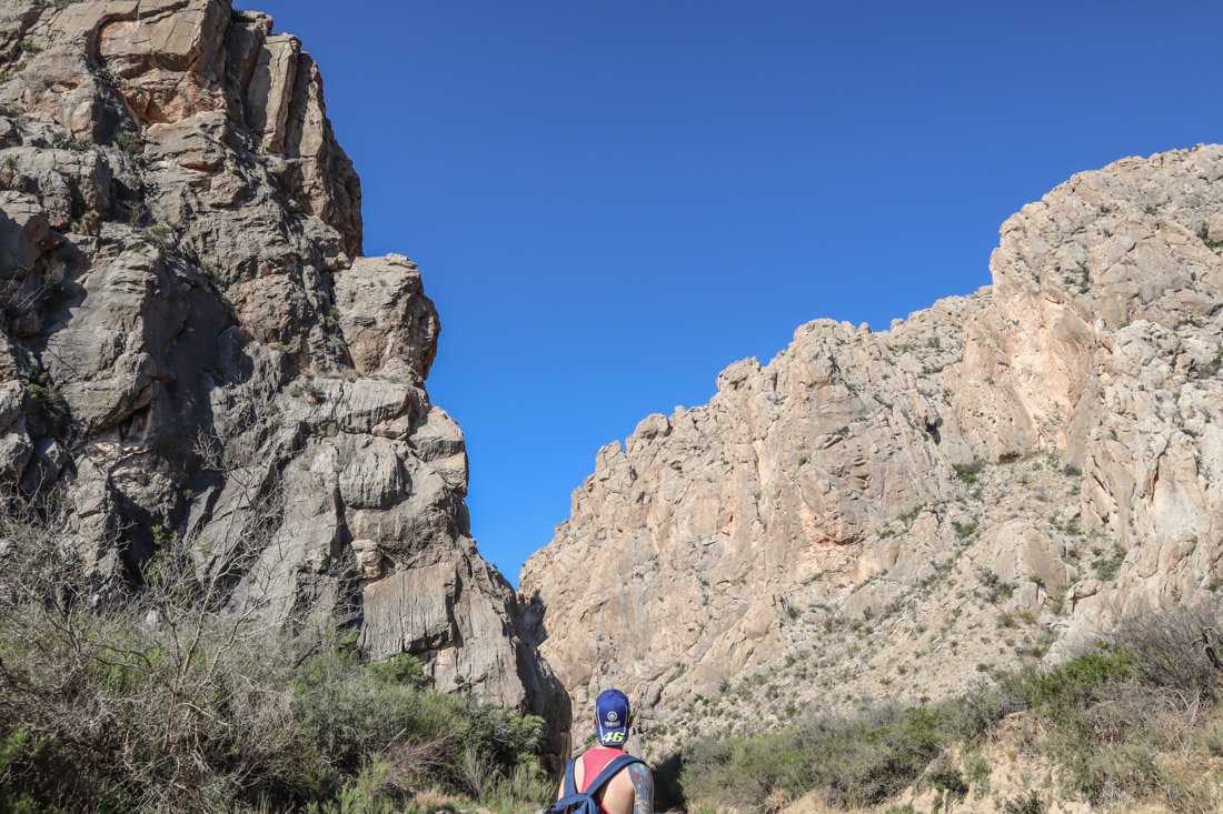 Dog Canyon hike Big Bend National Park. Craig, hat, bag.