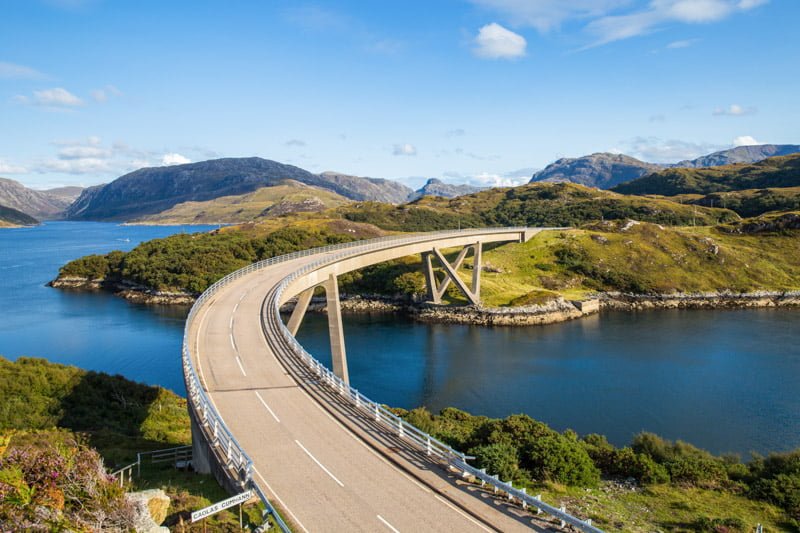 Kylesku Bridge, blue sky, hills, Scotland_