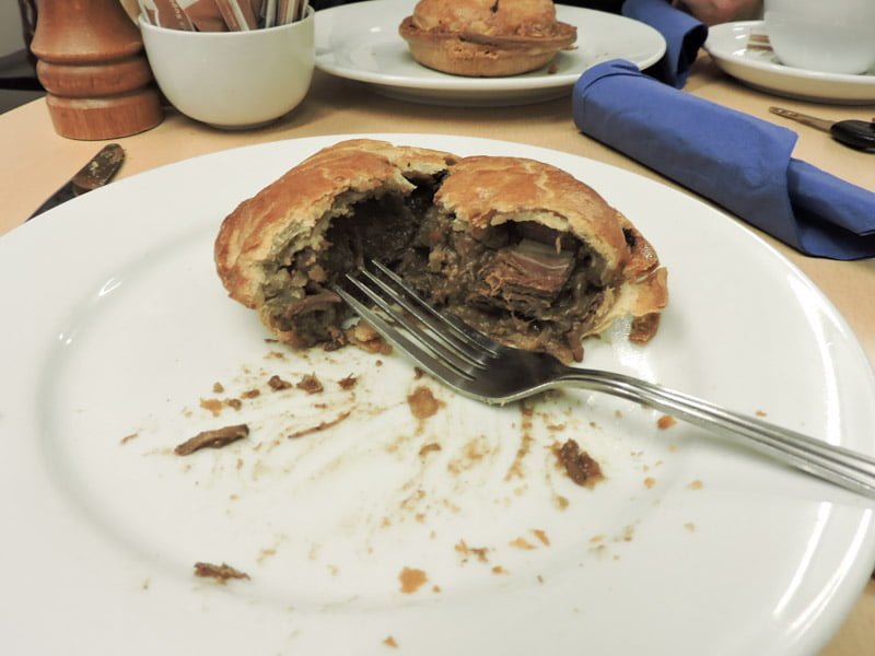 Lochinver steak pie, plate, cutlery, table