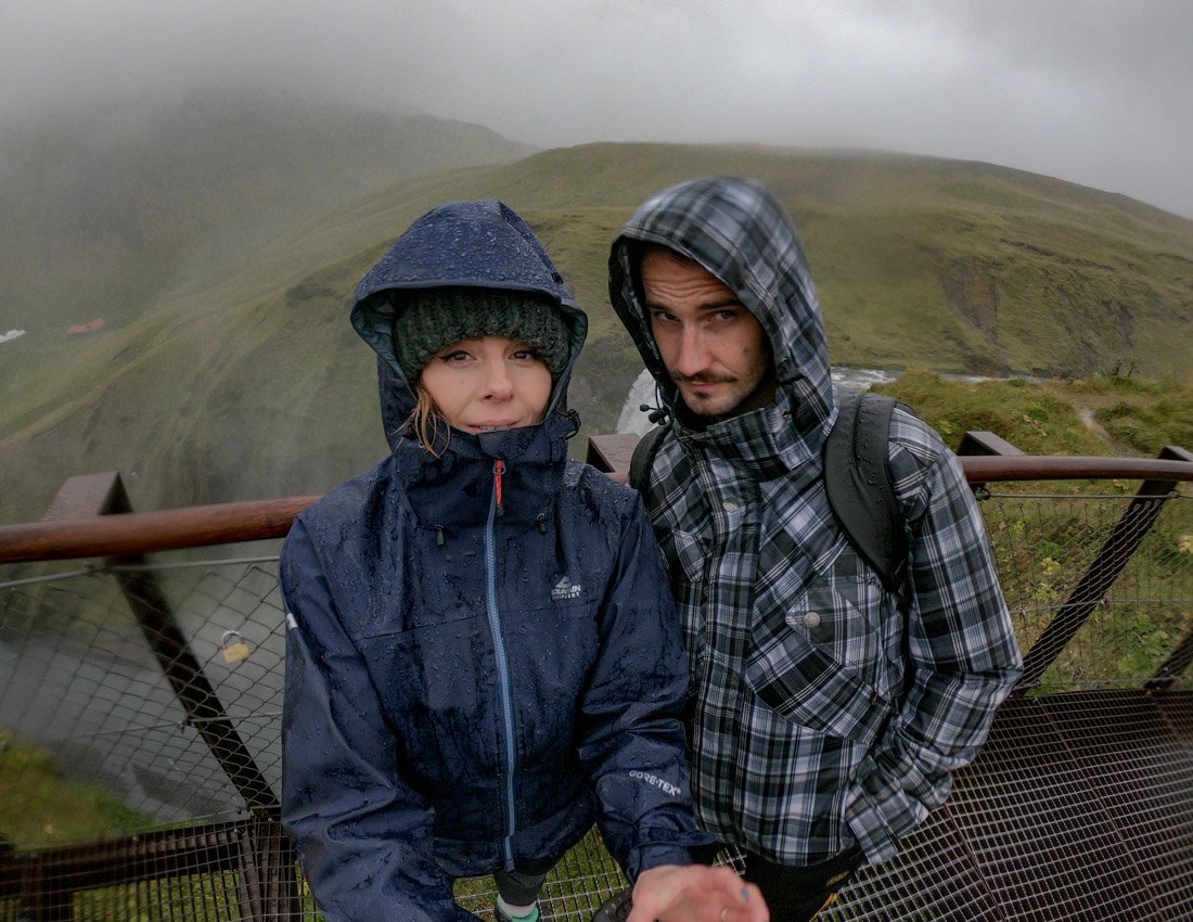 Rain Iceland hike. Mountain Equipment jacket, hat. Gemma and Craig._