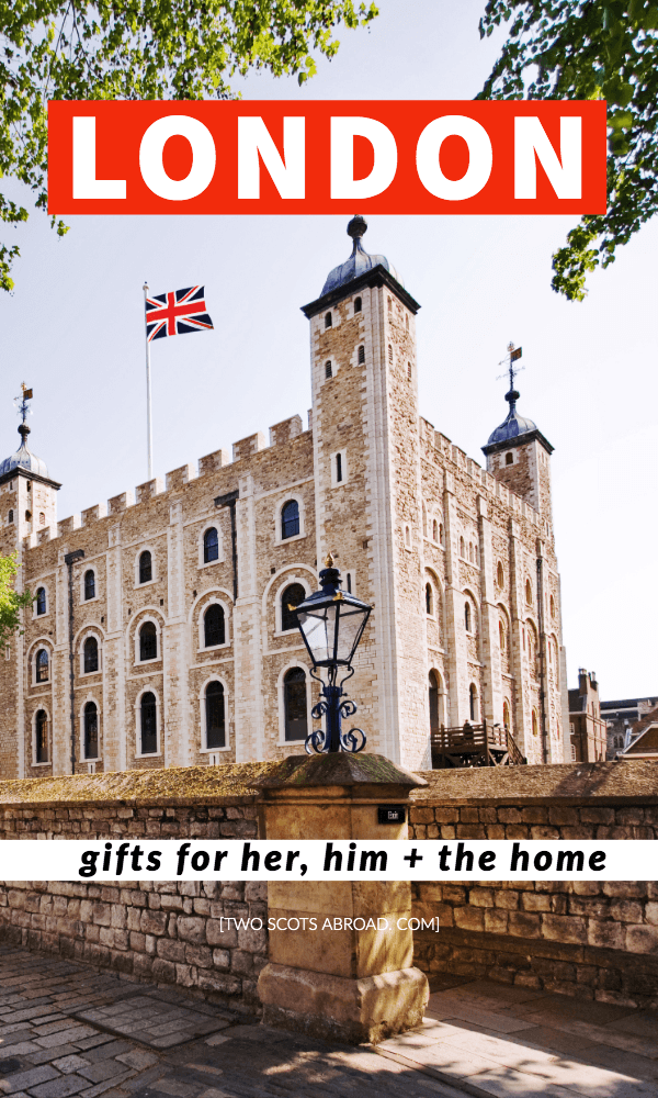 London gift guide - gifts for her, him and the home (text) and image of London Tower and UK flag