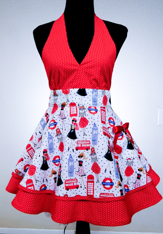 London print apron, red and white. Cute._