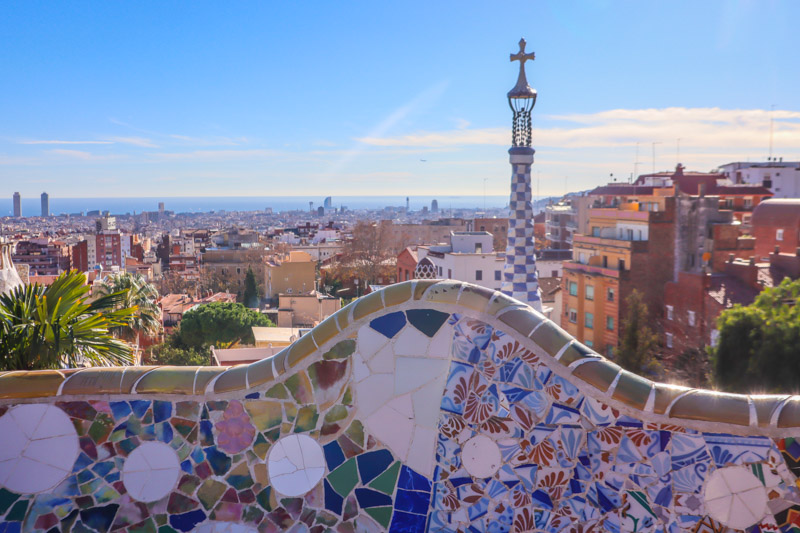 Colourful Park Guell mosaic wall by Gaudi in Barcelona