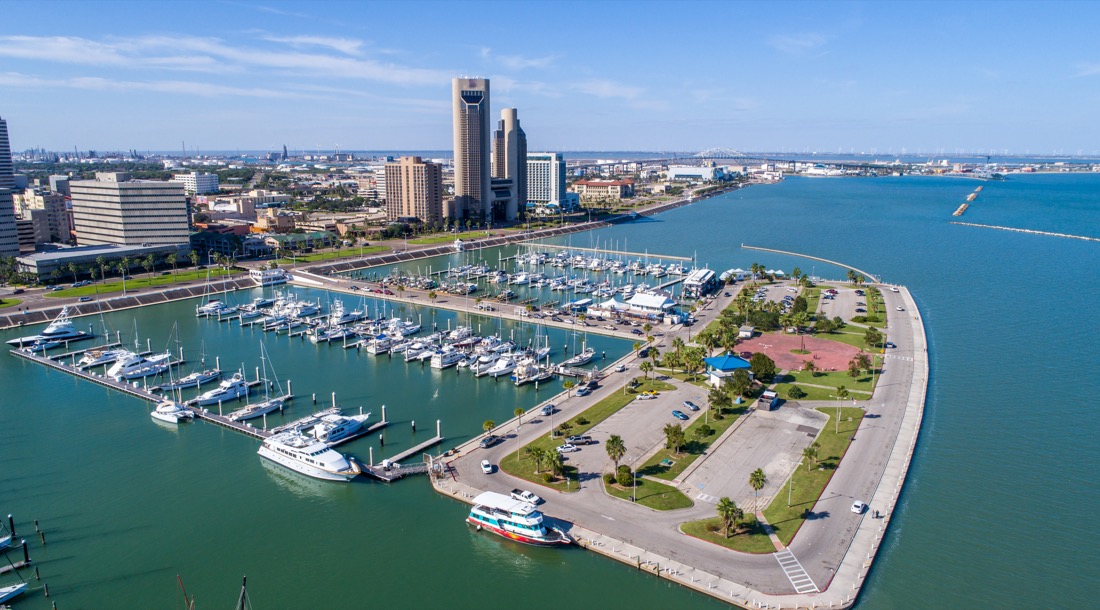 Birds eye view over Corpus Christi in Texas Skyline Cityscape.
