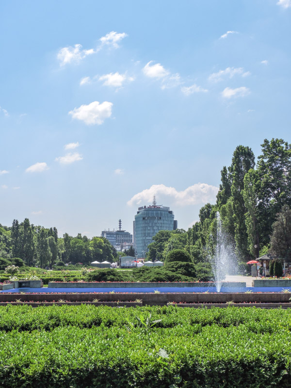 Herastrau Park area of Bucharest, green bush, blue skies, water fountain
