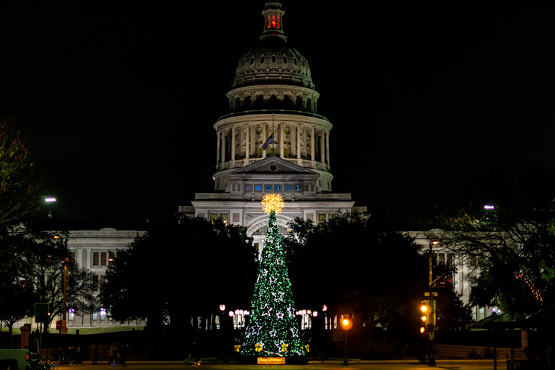 State Capitol Austin Christmas tree at night