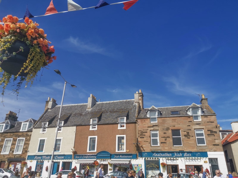 Busy Anstruther chip shop on sunny day