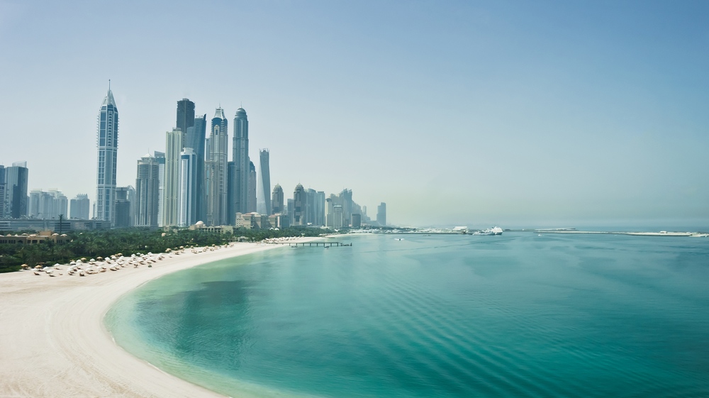 Beach at Jumeirah District Dubai with skyline