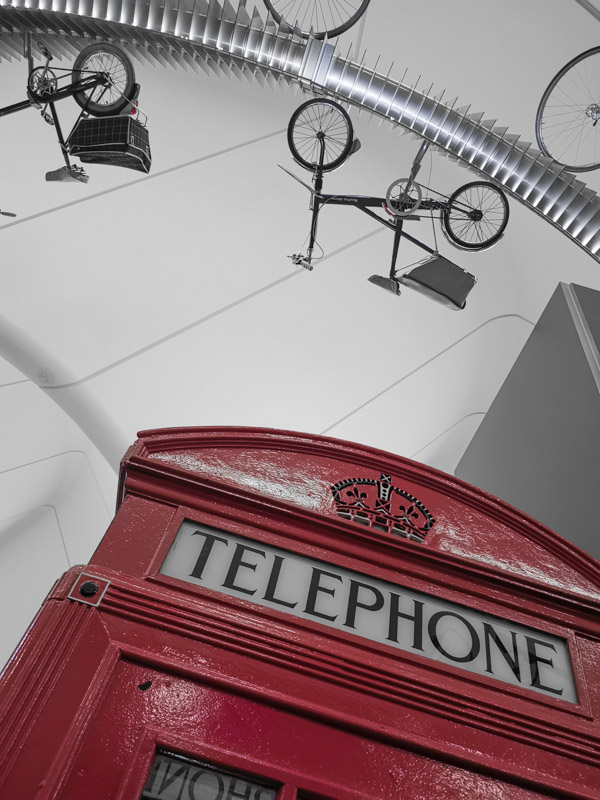 Telephone Box and bikes at Glasgow Rivercylde Museum_