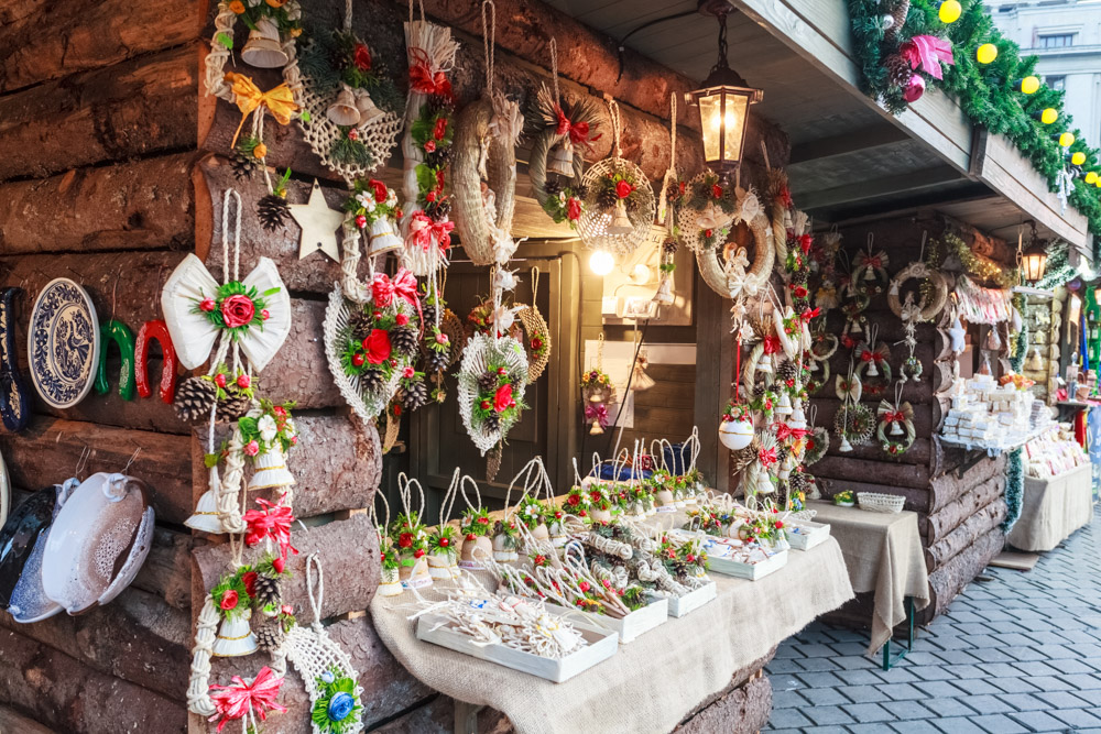 Bucharest Christmas Market with hanging decors