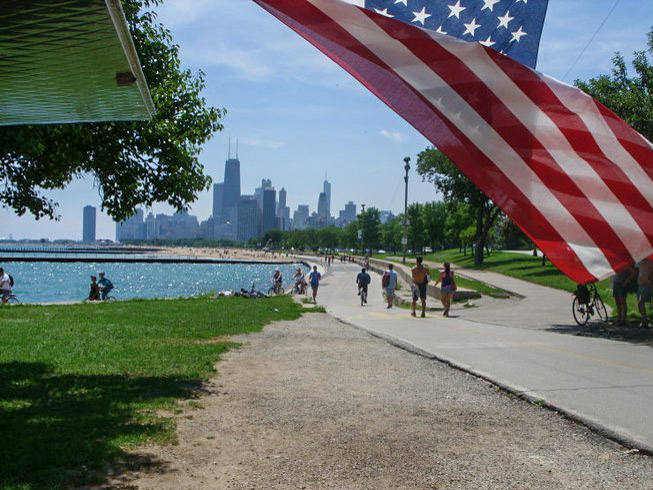 Chicago Beach with USA Flag
