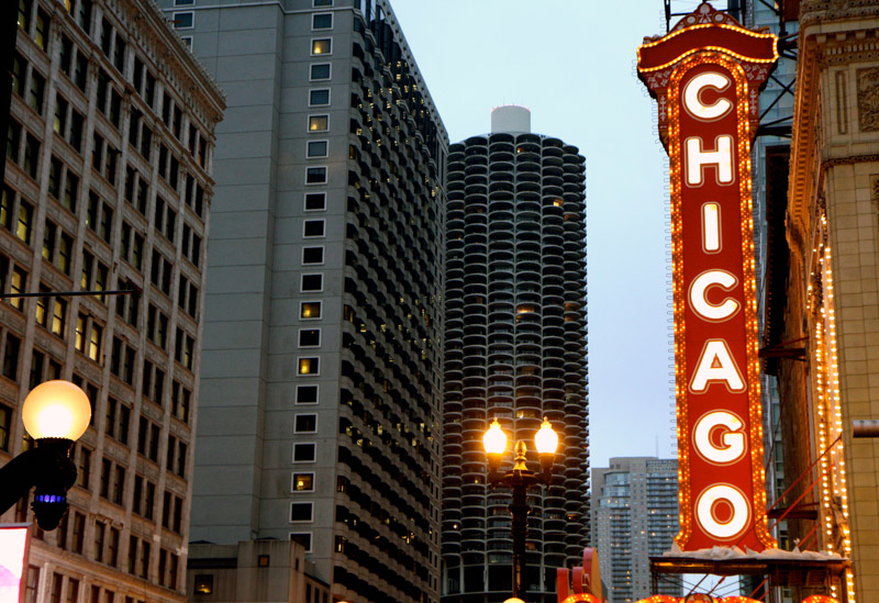 Chicago Theatre sign and buildings