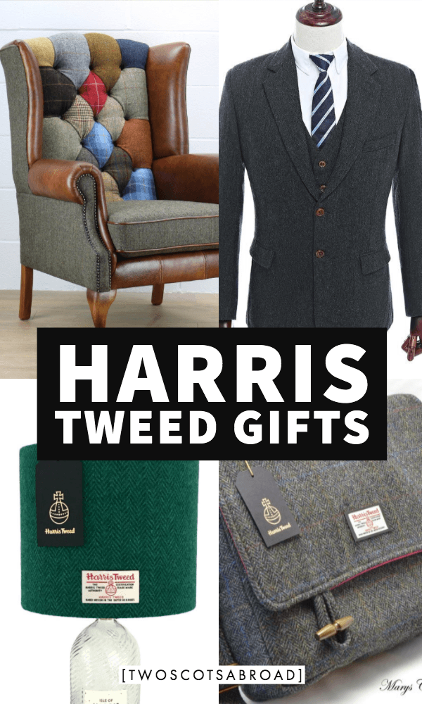 Harris Tweed Gifts - image of tweed chair, suit, lamp and bag