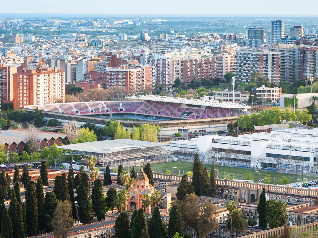 Barcelona cityscape with camp nou stadium
