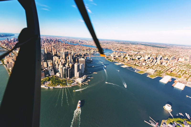 Helicopter aerial view of lower Manhattan New York City and the Hudson River